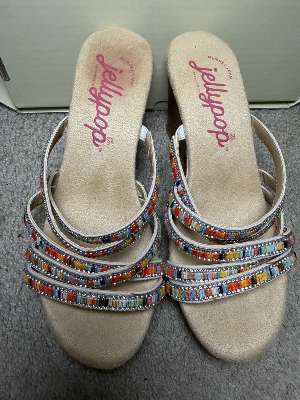 Jellypop Beige Wedge Sandals with Multicolor Beaded Straps